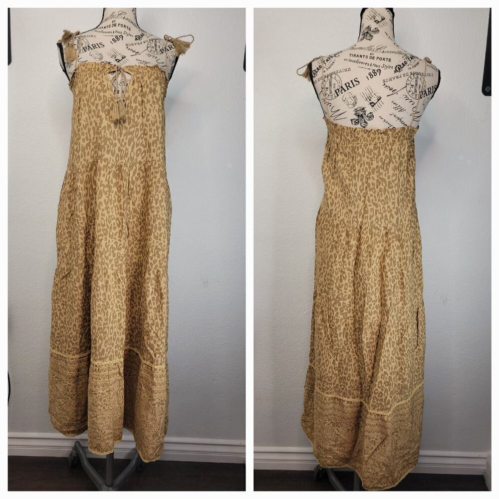 ARIA Maxi Dress Womens XS Animal Print Tiered Sleeveless Cottage Bohemian